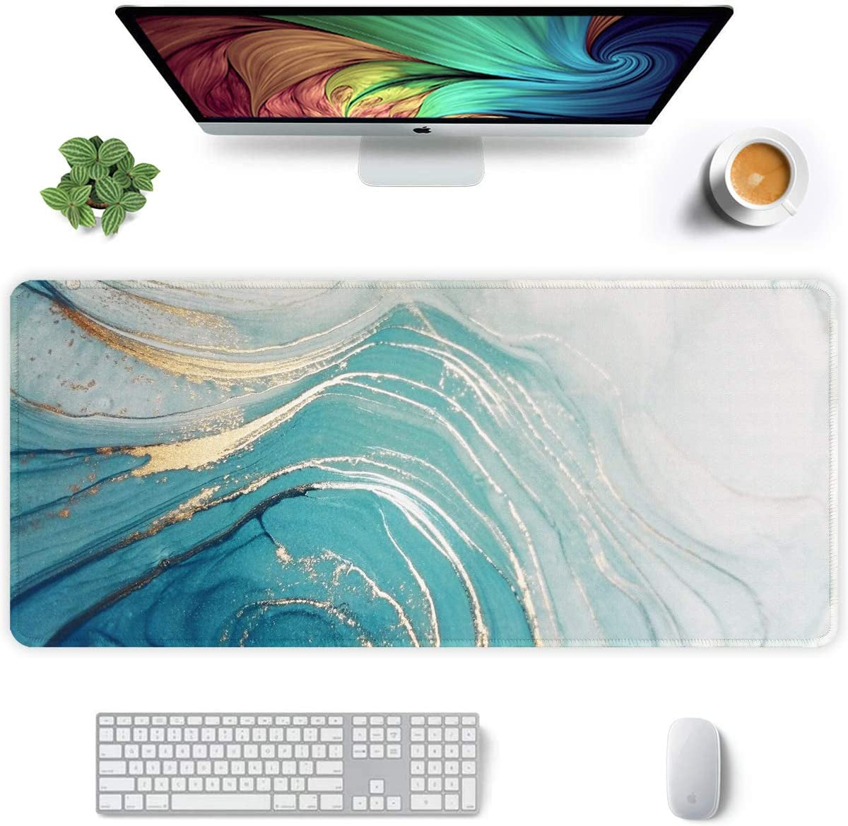 Extended Mouse Pad, XXL Gaming Mouse Pads, Keyboard Mat Desk Pad with Non-Slip Base Stitched Edge for Gaming Office, 35.5 X 15.7 Inch, Green Ocean Beach